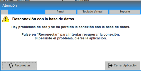 Aviso Desconexión con la base de datos con los botones Reconectar y Cerrar Aplicación