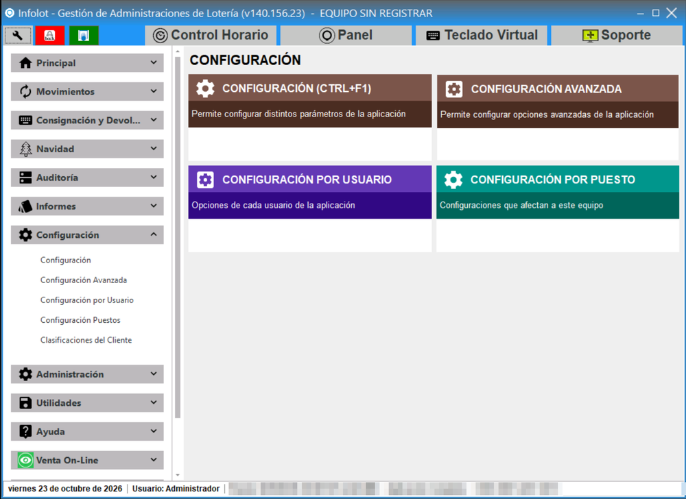 Grupo Configuración del menú principal con las opciones Configuración, Configuración Avanzada, Configuración por Usuario y Configuración por Puesto