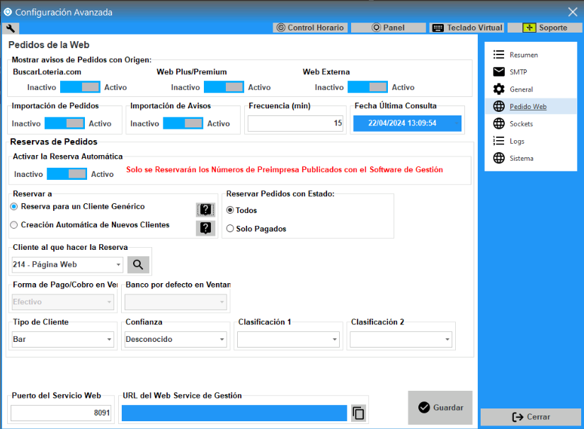 Pantalla Pedidos de la Web de la Configuración Avanzada con el apartado Reservas de Pedidos