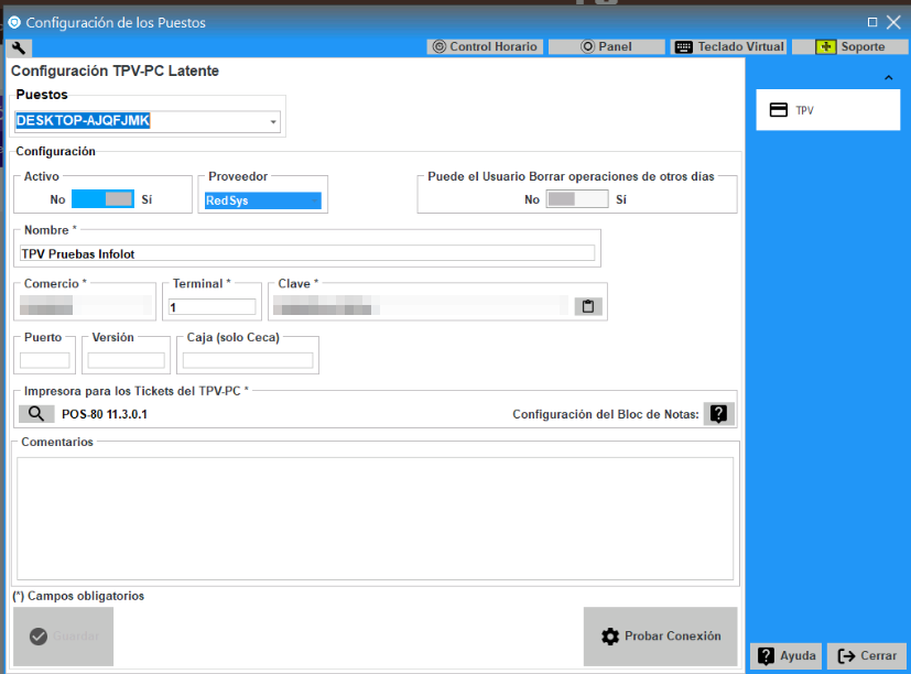 Pantalla Configuración de los Puestos con los datos del TPV-PC: puesto, activo, proveedor, nombre, comercio, terminal, clave e impresora